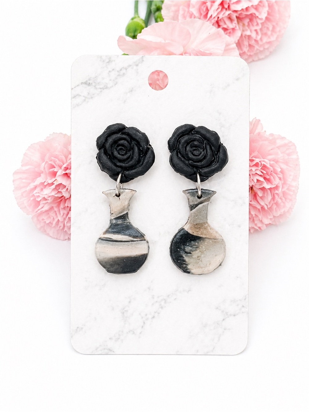 Handcrafted Black Rose Drop Earrings with Marbled Silver Vases